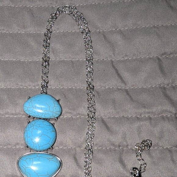 $3 with Bundle ~ Turquoise Stone Pendant Necklace Silver Tassel Boho Chic 5188 - Picture 2 of 4